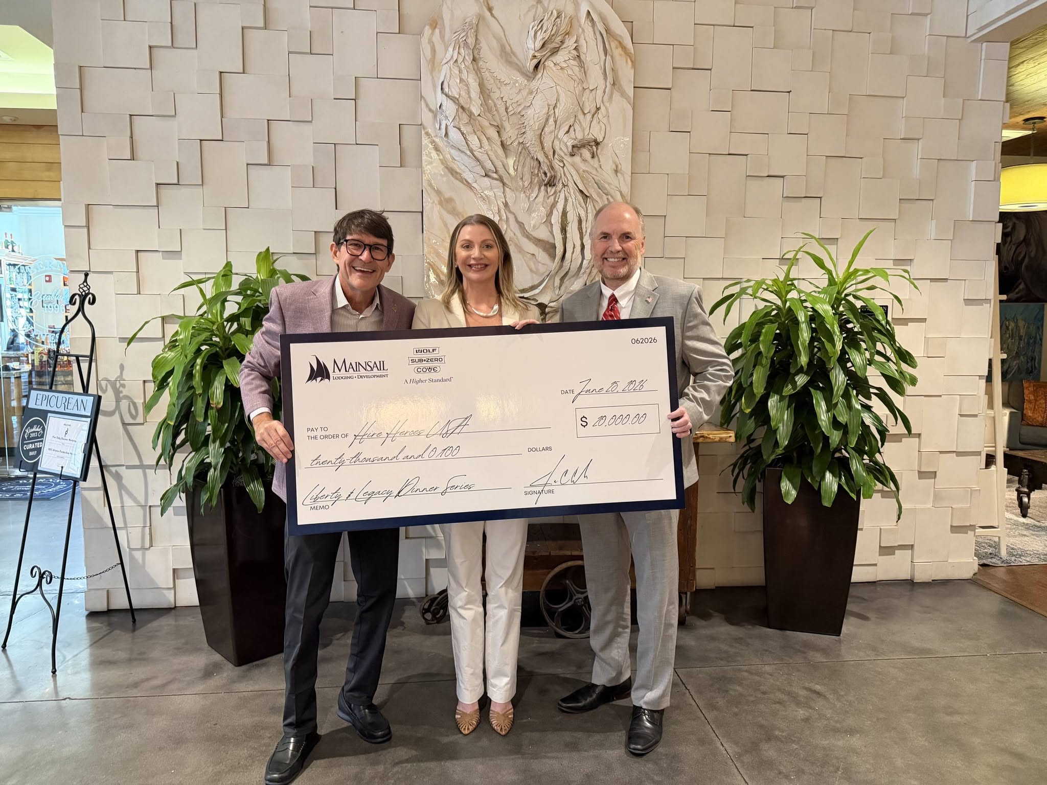 James Gillen, CFRE, had the honor of accepting a $20,000 donation on behalf of Hire Heroes USA from our incredible partners at Mainsail Lodging & Development and Sub-Zero, Wolf, and Cove at the Epicurean Hotel in Tampa." James Gillen, CFRE, had the honor of accepting a $20,000 donation on behalf of Hire Heroes USA from our incredible partners at Mainsail Lodging & Development and Sub-Zero, Wolf, and Cove at the Epicurean Hotel in Tampa."